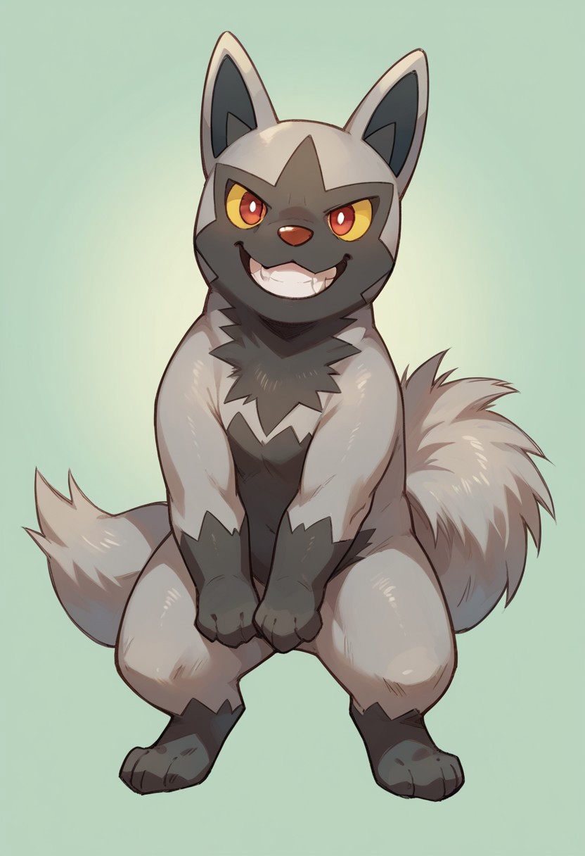 score_9, score_8_up, score_7_up, Poochyena, pokemon (creature), looking at viewer, grin, smile, full body, green background,