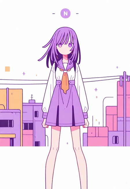 Flatline, Flat vector illustration, looking at viewer, full_body, 
nadeko, long hair, long bangs, school_uniform, sailor, 
slim, slender, knees, 
from front, front view, straight-on, look at viewer, standing, (legs apart:1.4), 
white background,