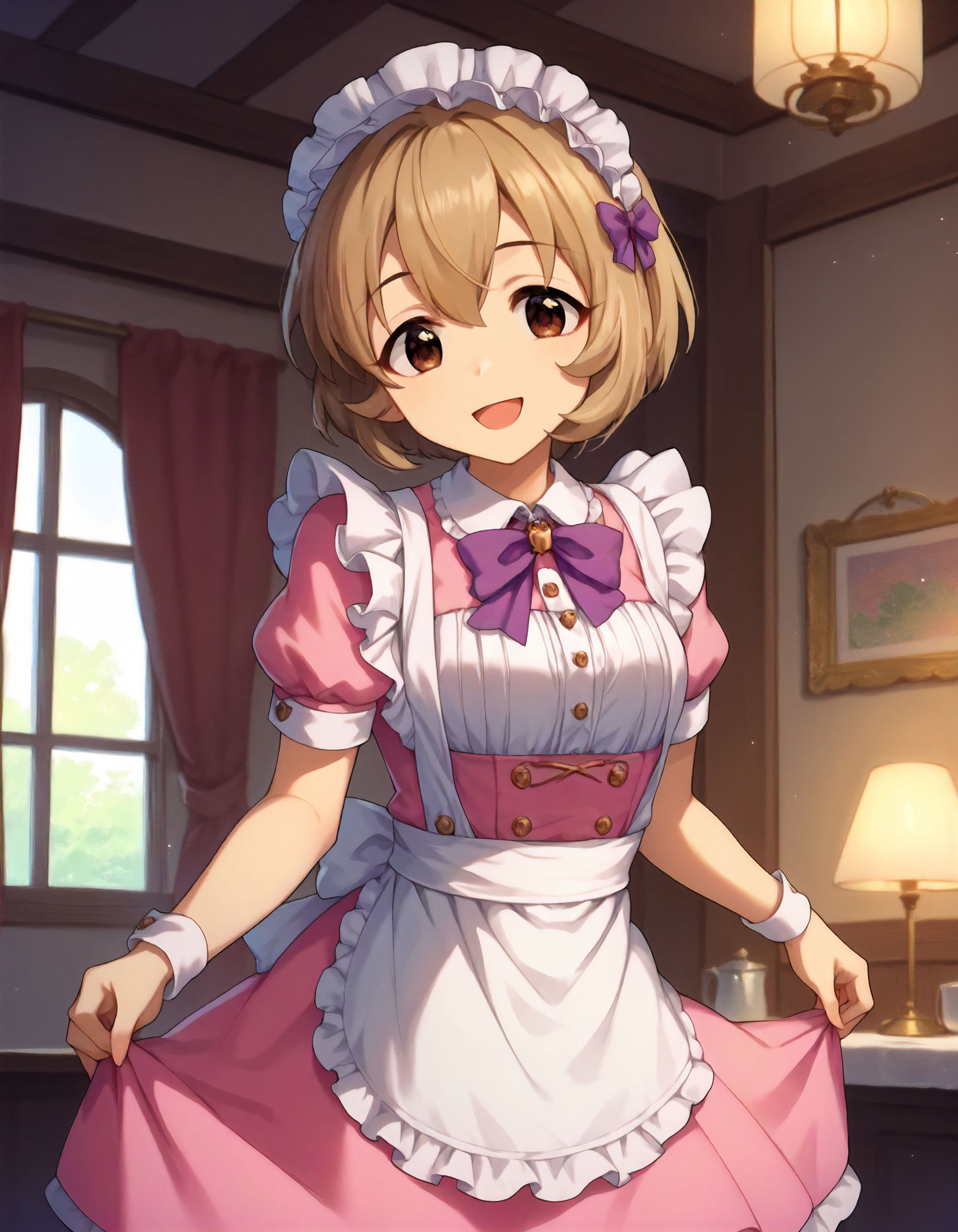 score_9,score_8_up,score_7_up,1girl,solo,cowboy shot,looking at viewer,smile,open mouth,indoors,
<lora:kogakoharu_v2_ponyXLV6:0.8>,cgkk,
light brown hair,short hair,brown eyes,
maid headdress,apron,puffy short sleeves,pink dress,purple bow