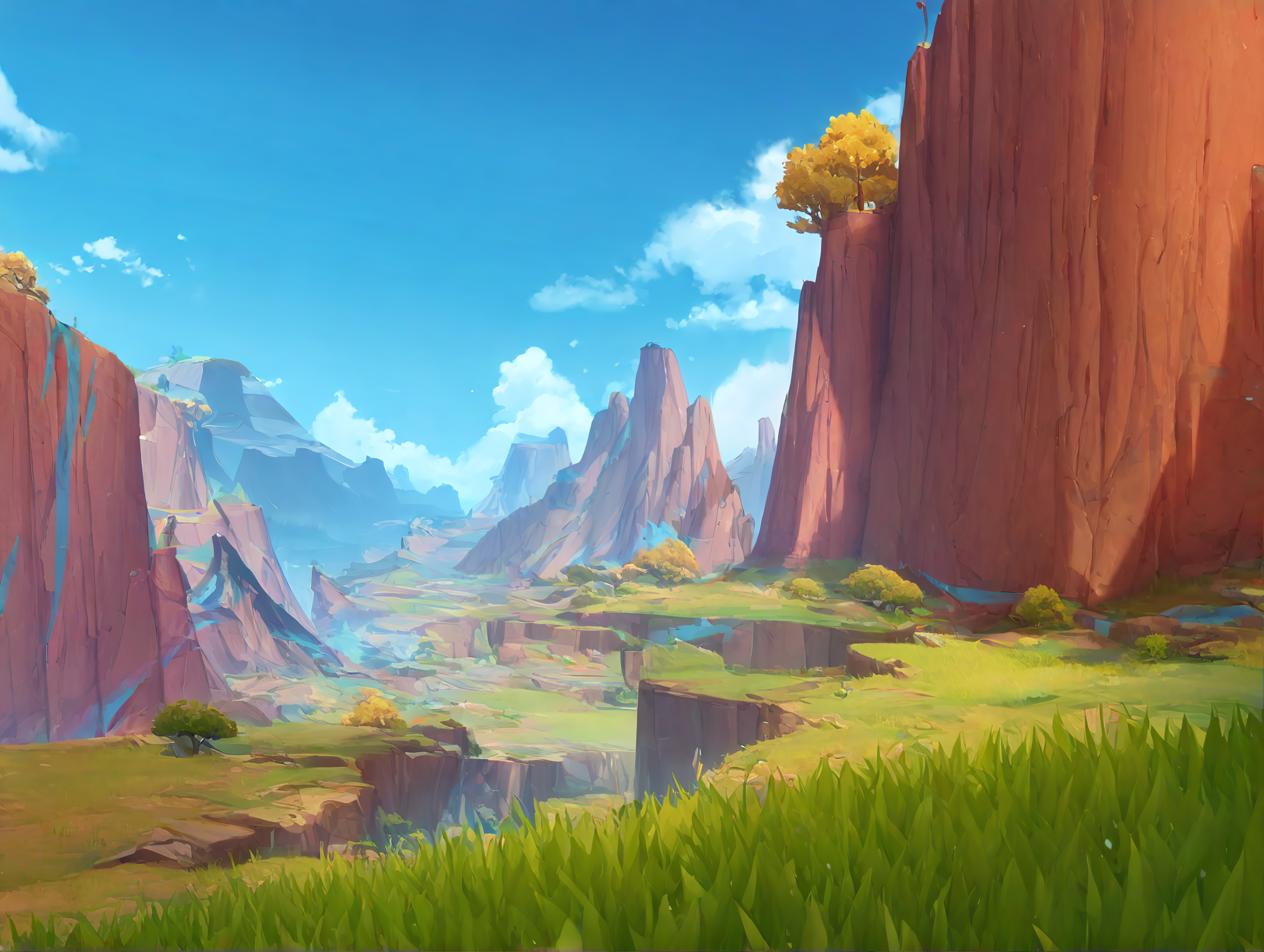no humans, General, ririko \(fhnngririko\), dynamic angle, natlan, landscape, fantasy, scenery, outdoors, tree, blue sky, grass, cloud, cliff, day, mountain, nature, tent, rock, masterpiece, best quality, absurdres, highres