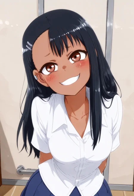 (masterpiece, best quality, good quality, very aesthetic, absurdres, newest:1.2), (curvy, medium breasts), zzNagatoro, skirt, shirt, school uniform, white shirt, pleated skirt, nail polish, blue skirt, red nails, earclip, ,<lora:NagatoroNAI:1.0>,, smile, looking at viewer, cowboy shot, leaning forward, hands behind back, smug, head tilt, ,<lora:MantisNAI:0.8>,
