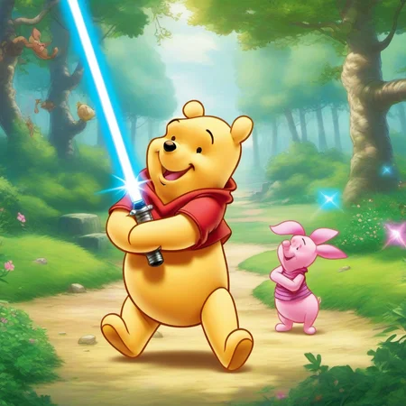 anime artwork liveaction winnie the pooh a a piglet are jedi masters with lightsabers , starwars <lora:Winnie1024:0.8> . anime style, key visual, vibrant, studio anime, highly detailed