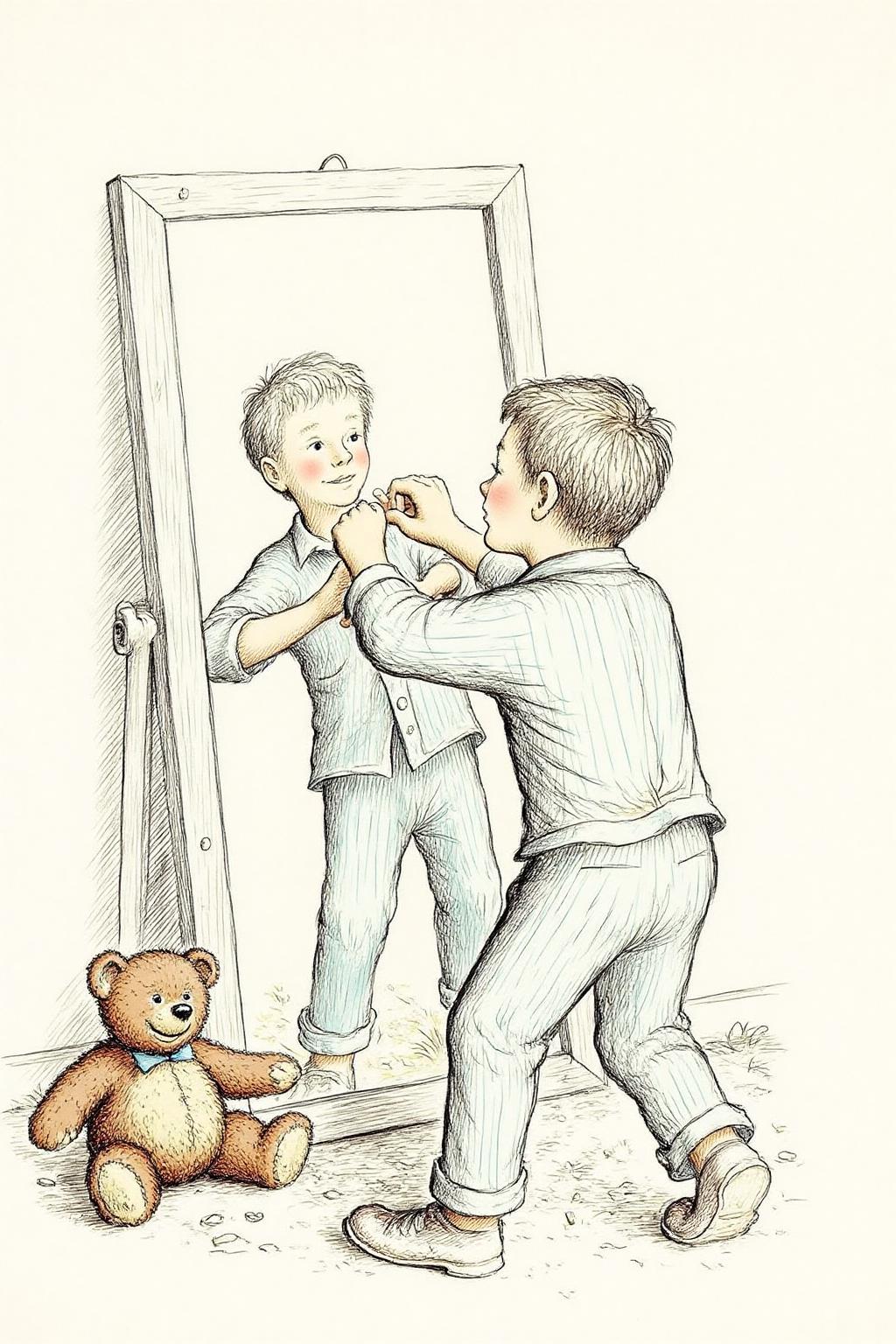 gawi1 illustration. 
qub1.
A boy with short, curly blonde hair, dressed in light blue pajamas with vertical stripes, engaging in a playful dance in front of a full-length mirror. On the left is a teddy bear lying on the floor.. 
 <lora:gawi1_cap_d6a3e12:1.0><lora:827371243075383514:0>