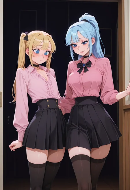 score_9, score_8_up, score_7_up, source_anime, expressiveh, very aesthetic, absurdres, in frontdetailed, 1futa and 1 femboy, volumetric lighting, realistic, femboy no breasts, 1boy((trap, no breasts, flat chest, otoko no ko, medium blue hair, side bangs, high ponytail, blue eyes, perfect feminine body, no breasts, narrow waist, slim waist, fully clothed, sexy figure, blushing, gothic, eyes half open, otoko no ko, trap, detailed eyesjirai kei ,pink shirt,black skirt,thighhighs,twintails , yandere)), 1futa((gothic, choker, tall, medium breasts, long blond hair, femdom,jirai kei ,pink shirt,black skirt,thighhighs,twintails)), 1futa standing left, left futa, right femboy, 1femboy standing right, standing side by side, romantic_couple_poses, virtual background, school uniform, holding hands,otoko no ko, futanari, looking at each other, fully clothed,