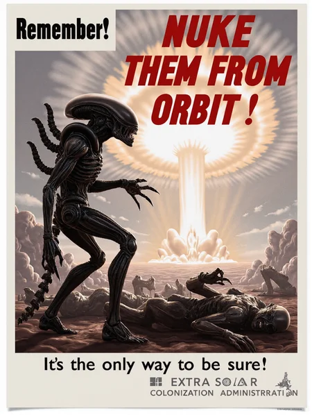 In REME's War Poster Style: An illustrated poster, in the foreground, an alien xenomorph stands over a pile of dead humans. In the background, a nuclear explosion and mushroom cloud. At the very top, black text reads: "Remember". Above the aliens, bold red capital letters read: "NUKE THEM FROM ORBIT!". Below, smaller text reads: "It's the only way to be sure!". At the very bottom, grey text reads: "Extrasolar Colonization Administration". The colours mix muted greys and browns with stark red and black text, creating a sense of moral urgency and resistance. <lora:REMEs_War_Poster_Style:1><lora:Xenomorph:0.8>