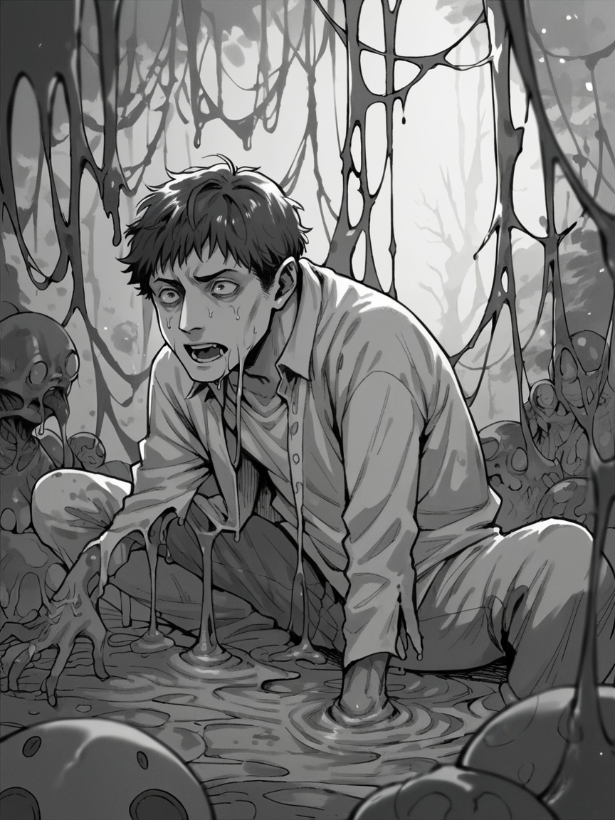 score_9, score_8_up, score_7_up, score_6_up,  <lora:junj11t0XLP:1> junj11t0, junji ito, monochrome, manga, 1man, slime, horror