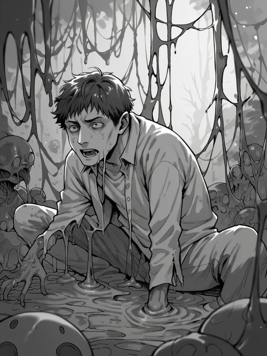score_9, score_8_up, score_7_up, score_6_up, <lora:junj11t0XLP:1> junj11t0, junji ito, monochrome, manga, 1man, slime, horror