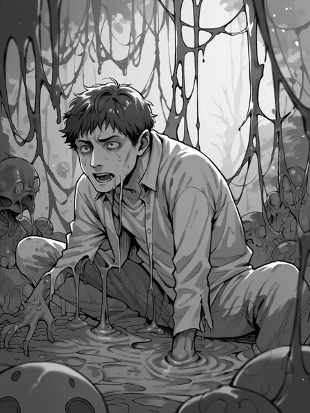 score_9, score_8_up, score_7_up, score_6_up, <lora:junj11t0XLP:1> junj11t0, junji ito, monochrome, manga, 1man, slime, horror
