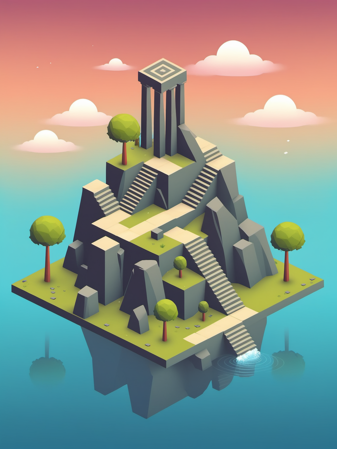 video game monument valley style, Stonehenge, stairs, water, cloud, hill, trees, gradient background, <lora:Monument Valley style:0.6>