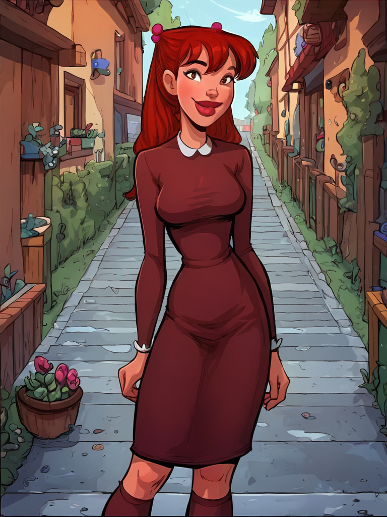 <lora:julia sdxl:1> julia, 1girl, brown hair, lips, solo, hair bobbles, hair ornament, breasts, red hair, lipstick, dress,standing, looking at viewer, smile, thick lips,, score_9, score_8_up, score_7_up, score_6_up