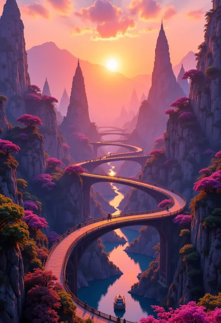 A surreal landscape of floating islands connected by twisting bridges, with a bright sun setting in the background.
, aidmaHyperrealism, aidmaimageupgrader, aidmafluxpro1.1