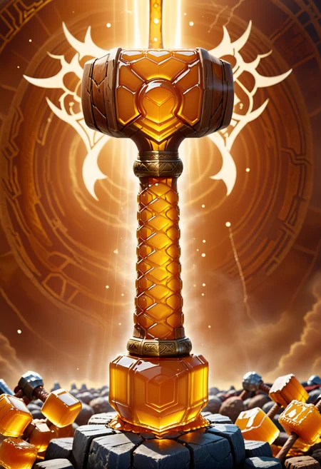 Thor's hammer made of dvr-honey, viking background <lora:HoneyStyle:1>