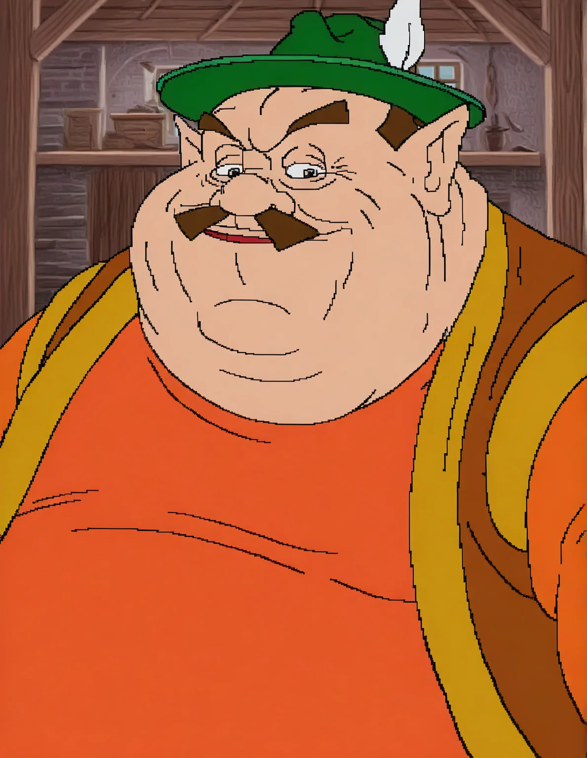 <lora:cdi-style_vpred-noobaiv10_:1>, cdi style, 1boy, mustache, male focus, solo, facial hair, brown hair, hat, looking at viewer, shirt, vest, green headwear, indoors, long sleeves, fat, orange shirt, thick eyebrows, upper body, fat man, short hair, pointy ears, brown jacket, feathers, hat feather, (morshu:1.2), green hat, orange clothing, oekakiâââ