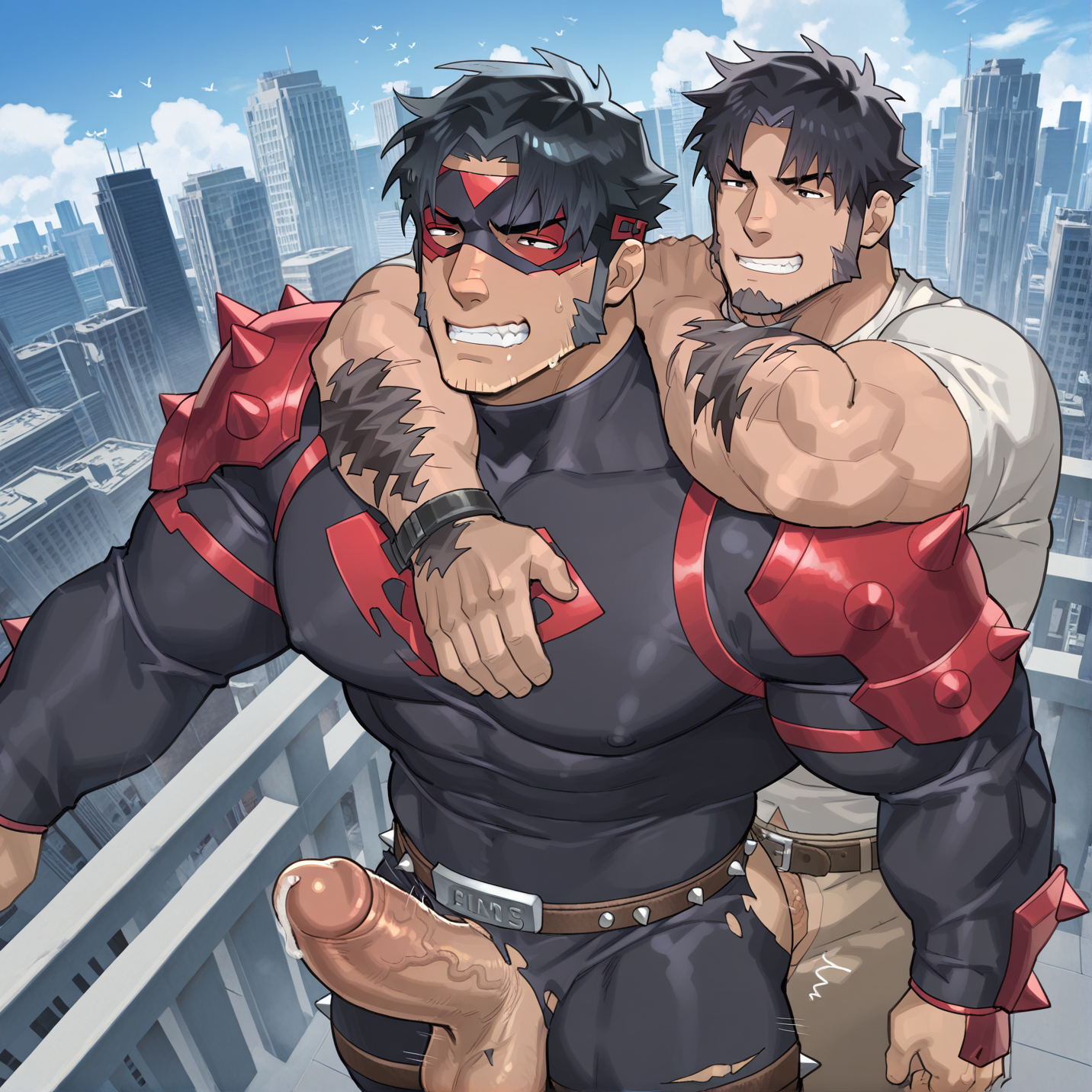 high quality, hires, absurdres, 2boys, bara, from above, dynamic angle, height difference, muscular, mature male, short hair, black hair, short hair, beard, mutton chops, black eyes, evil grin, black superhero costume, red accessories, domino mask, spandex, long sleeves, red spiked pauldrons, spiked belt, white t-shirt, light brown pants, torn clothes, goatee, short hair, stubble, black hair, thick arm hair, parted bangs, headlock, anal, sex from behind, flying, ahegao, clenched teeth, cum,city,sky,skyscraper,penis,erection,kienbiu