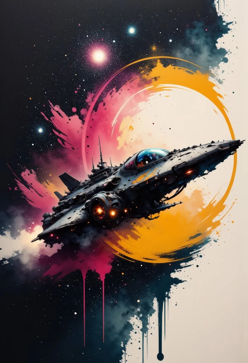 aidmainkstyle, abstract oil painting, gradient vibrant neon colour, rough, textural, broad brush strokes, a sleek spaceship traversing interstellar space, detailed night sky with stars and nebulas