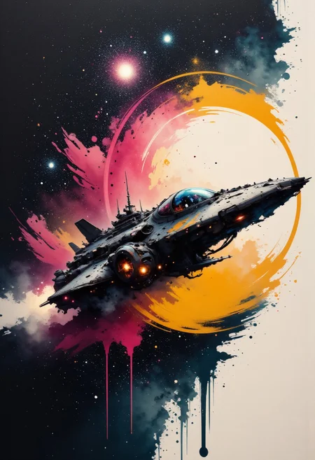 aidmainkstyle, abstract oil painting, gradient vibrant neon colour, rough, textural, broad brush strokes, a sleek spaceship traversing interstellar space, detailed night sky with stars and nebulas