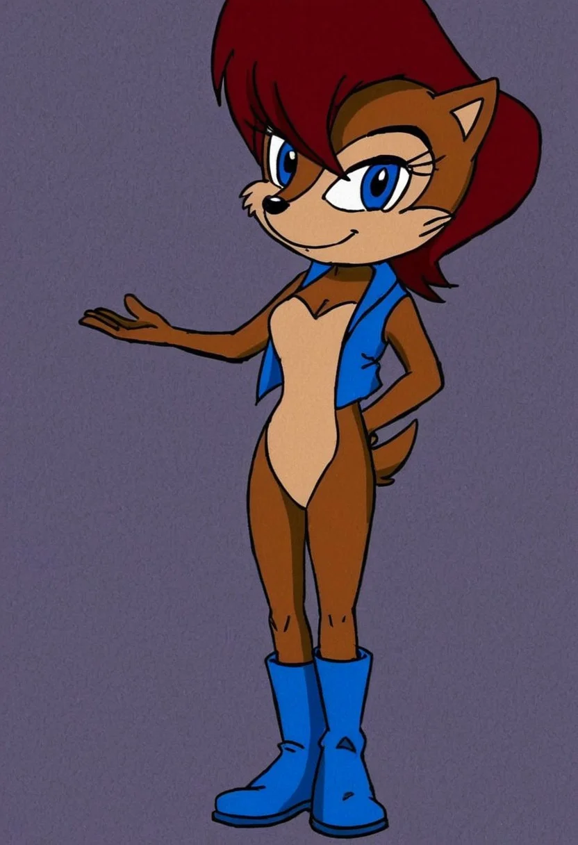 Sally Acorn, sonic character, sonic style, anthro, furry, 1girl, female, solo,
red brown hair, brown fur, blue eyes, black pupils,
blue boots, blue vest,
smiling, looking at viewer,
standing, full body view, full body,
dark lighting,