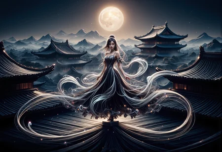 mad-wsps, xslx scribble, detailmaximizer. A wide shot of a stunning young Asian woman, performing a traditional Chinese shrine dance atop the intricately designed roof of an ancient Chinese palace. The entire scene is framed by the sweeping, ornate architecture of the palace, with its curved rooftops and finely detailed eaves, bathed in soft moonlight. Her long, flowing black dress, adorned with delicate embroidery and subtle white accents that catch the moonlight, sways gently in the wind as she dances gracefully. Her deep black hair, shimmering faintly with red, moves freely with her movements. The entire rooftop is covered in a soft mist, creating a mystical aura. The full moon shines brightly in the night sky, casting an ethereal glow on the setting, while the grand palace rooftops stand in silent reverence to the night, adding depth to the mysterious, spiritual atmosphere., <lora:RealisticAnimeFlux_v2.safetensors:1.0:1.0> <lora:Wisps_of_Light_FLUX.safetensors:0.8:0.8> <lora:scribble-flux-v1.safetensors:1.0:1.0> <lora:aidmaImageUpgrader-FLUX-V0.1.safetensors:0.5:0.5>
