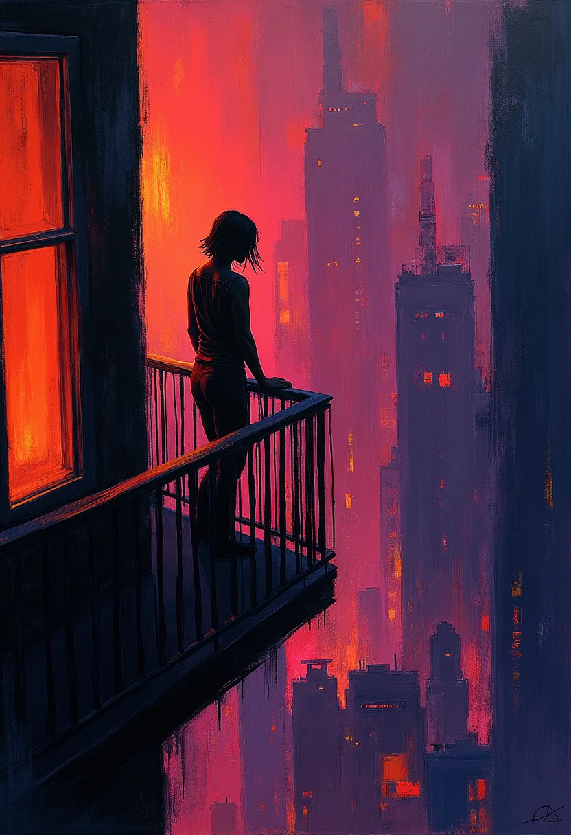 Craft an Expressionist scene, depicting a solitary figure on a balcony overlooking a neon-lit metropolis. Employ distorted colorsâfiery oranges, bruised purplesâand exaggerated forms to convey a feeling of intense longing and isolation. The composition should be dynamic, with sweeping lines and a sense of urgency, creating a visually arresting and emotionally charged portrayal.