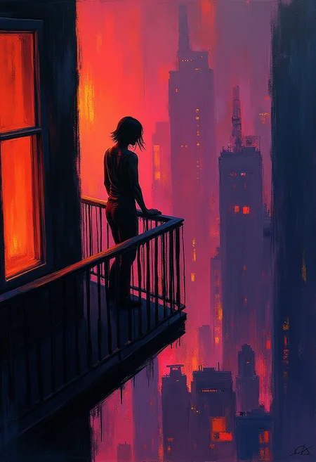 Craft an Expressionist scene, depicting a solitary figure on a balcony overlooking a neon-lit metropolis. Employ distorted colorsâfiery oranges, bruised purplesâand exaggerated forms to convey a feeling of intense longing and isolation. The composition should be dynamic, with sweeping lines and a sense of urgency, creating a visually arresting and emotionally charged portrayal.