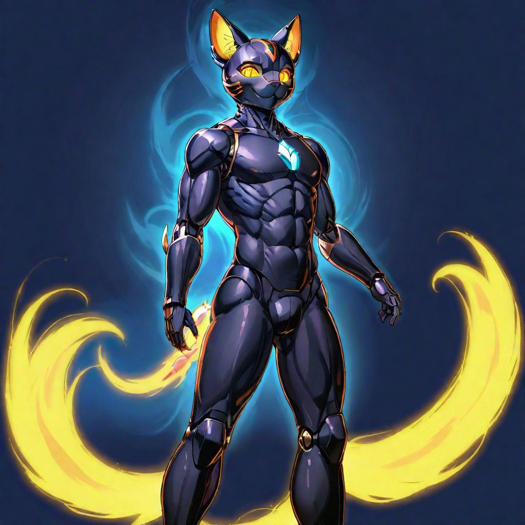 solo, smile, animal ears, tail, full body, yellow eyes, ass, cat ears, no humans, glowing, digital background, fire tail, robot, glowing eyes, joints, humanoid robot, muscular, pectoral muscles, toned abs, muscular arms, muscular thighs, body build body, dashing smile, hands face, chizzled jawline, erect penis, male genitals, male nipples, robot penis