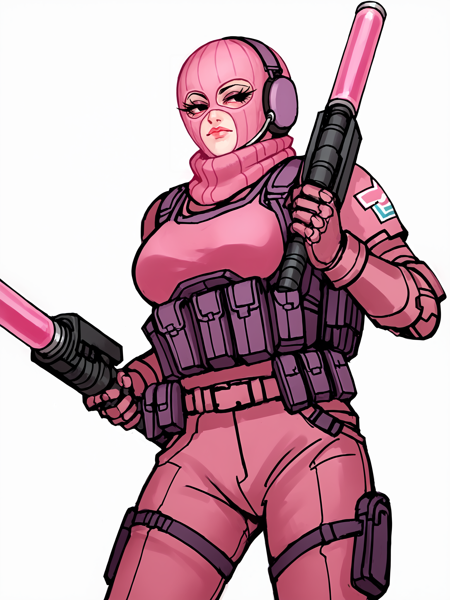 score_9, score_8_up, score_7_up, score_6_up, score_5_up, score_4_up,
BREAK
1girl, pink balaclava, black eyes, long eyelashes, half-closed eyes, mouth,
BREAK
solo, cowboy shot, pink tactical clothes, pink bulletproof vest, large breasts,
BREAK
white background, dynamic pose, dynamic angle, angled shot, <lora:Lunas-Balaclava-SDXL-A2:1> <lora:Lunas-2n5-Artist-SDXL-A1:1>