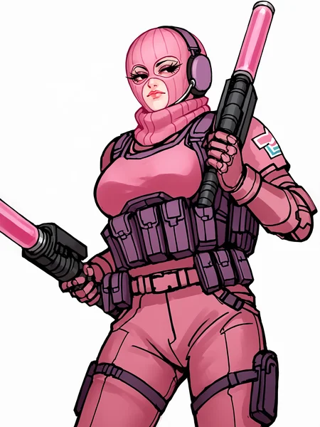 score_9, score_8_up, score_7_up, score_6_up, score_5_up, score_4_up,
BREAK
1girl, pink balaclava, black eyes, long eyelashes, half-closed eyes, mouth,
BREAK
solo, cowboy shot, pink tactical clothes, pink bulletproof vest, large breasts,
BREAK
white background, dynamic pose, dynamic angle, angled shot, <lora:Lunas-Balaclava-SDXL-A2:1> <lora:Lunas-2n5-Artist-SDXL-A1:1>