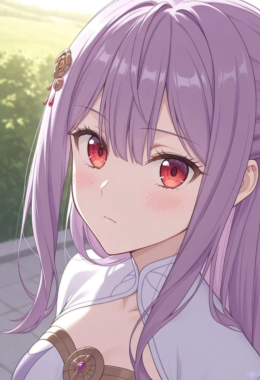 masterpiece, best quality, absurdres, highres,
eye reflection,
mia adenauer, purple hair, long hair, hair between eyes, bangs, hair ornameny, hair flower, red eyes, medium brests,
1girl, solo, blush,
looking at viewer, dutch angle,
dress, two-tone dress, purple dress, white dress, sidelocks, long sleeves, white shoes,
scenery, outdoors,