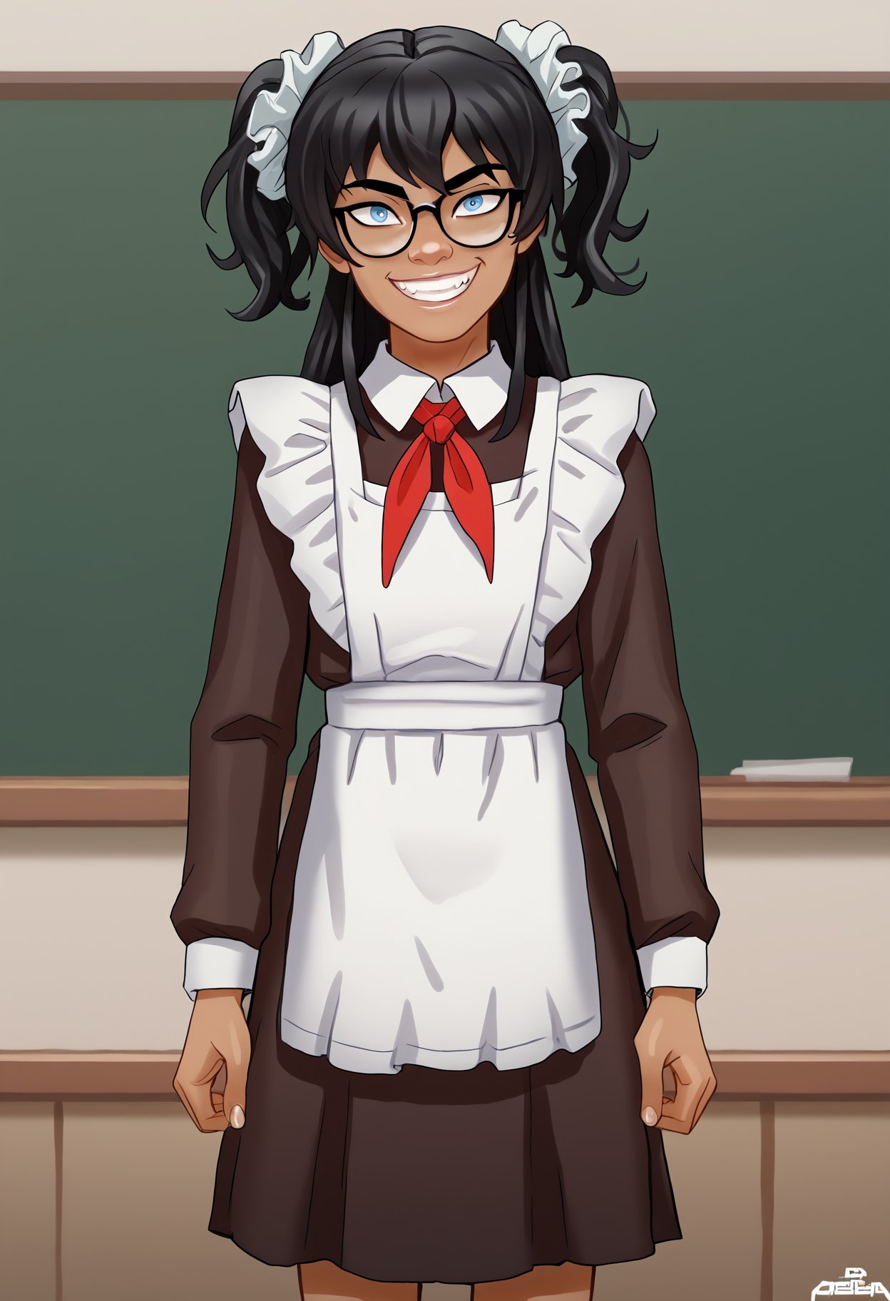 score_9, score_8_up, score_7_up, score_6_up BREAK, 1girl, solo, e4st3r-dh, grin, dark-skinned female, black hair, sidelocks, glasses, blue eyes, Soviet schoolgirl uniform, frilled apron, frilled hair scrunchie, red neckerchief, classroom <lora:Ester_Figueroa_PDXL:0.7> <lora:add-detail-xl:0.5> <lora:Soviet_Schoolgirl_Uniform:0.8>