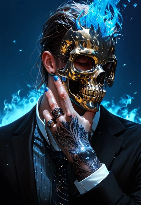 (score_9, score_8_up), score_7_up, 1boy, Highly detailed RAW color Photo, shirt, long sleeves, jewelry, jacket, upper body, earrings, necktie, collared shirt, hand up, necklace, black jacket, gradient, black nail polish, gradient background, tattoo, glowing, formal, ring, suit, cross, mask, skull mask, spikes, black suit, metallic texture, blue theme, blue fire, multiple rings, hand tattoo, simple background, dark blue background, blue theme, gorgeous details, depth perception, backlighting, photorealistic, breathtaking scenery, perfectly rendered reflections, detailed clothing,
dark lighting, dof, depth of field, realistic, dark background, CINE, blue embers, low-key,
