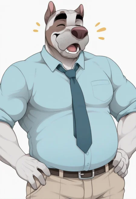 masterpiece, best quality, amazing quality, solo, 1boy,
Emery_Waldren, anthro pitbull, furry, muscular, blue collared shirt, tan pants, belt, mature male, muscular male, animal ears, muscle gut, plump gut, tie, white background, hands on hip, stubble, happy, big smile, eyes closed, open mouth,