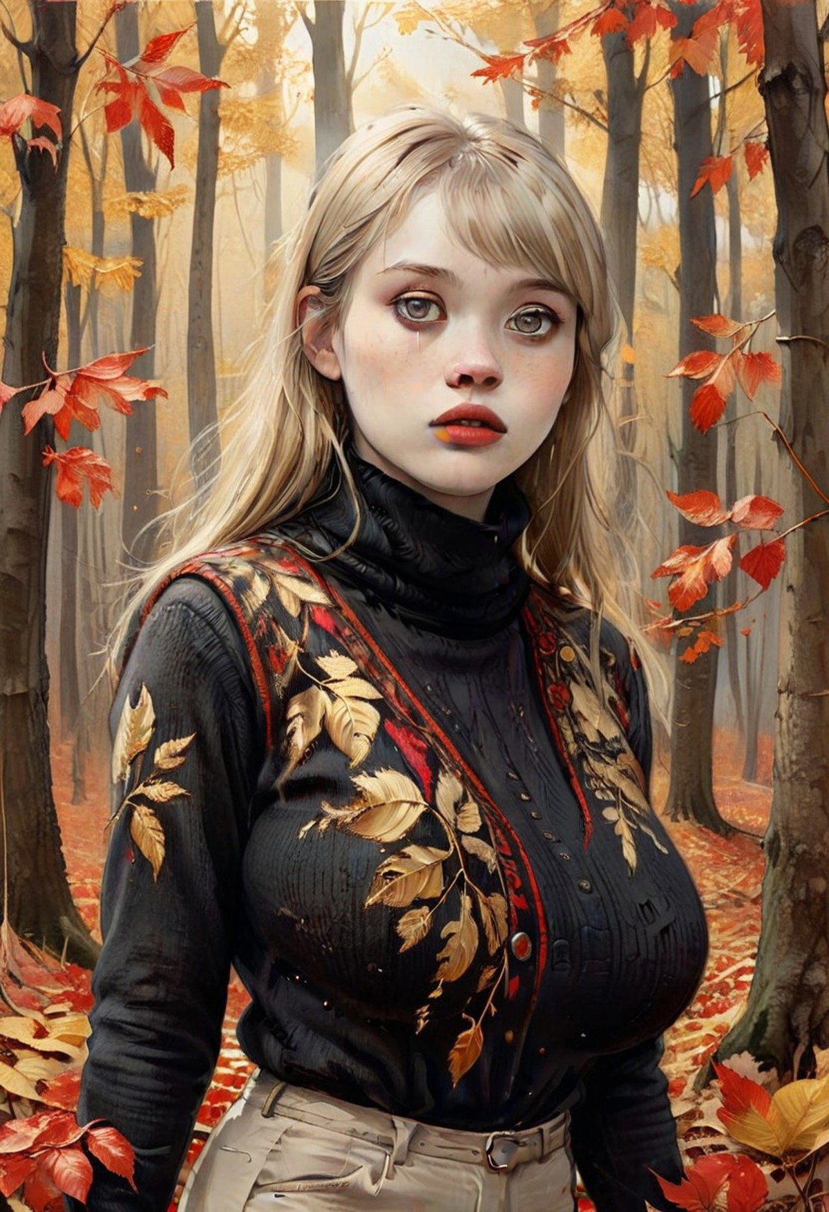 gold leaf illustration of Guinwen, highly detailed photo of 20 yo Guin, detailed eyes, ((grey eyes)), pale skin, innocent expression, (big head), small body, ((full lips)), (((blonde hair))), long straight hair,bangs, sweet, very detailed face, ((gigantic breasts)), covered breasts,  sagging breasts, natural breasts, tight sweater, turtleneck, slim body, slim waist, middlesized hips, middlesized pelvis, black eyeliner, realistic portrait, walking through a forest in harvest, autumn, red leaves falling down, golden leaves on the ground, warm sunrays, scarf around her neck, wind in her hair