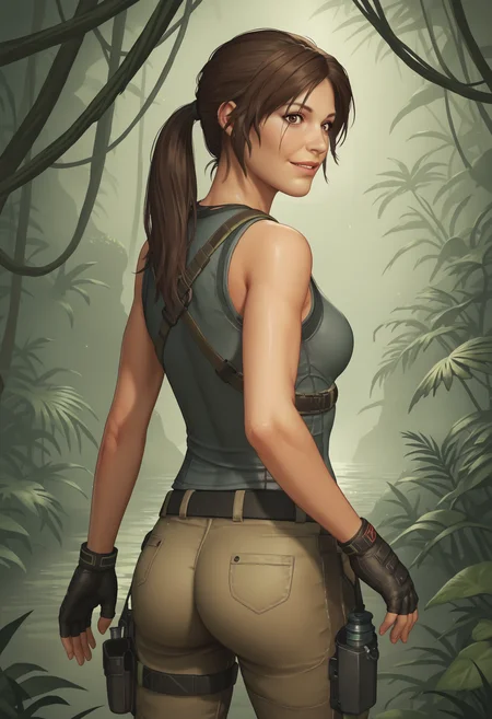 score_9, score_8_up, score_7_up, score_6_up, score_5_up, score_4_up, 1girl, <lora:LaraCroftSOTTR:0.85> solo, breasts, brown eyes, ponytail, brown hair, lips, sleeveless, fingerless gloves, pants, belt, looking at viewer, smile, from behind, looking back, ass,
jungle background,