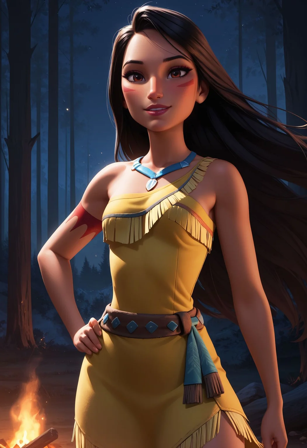 Smooth Quality, HDR, beautiful and intricate hair, protruding lips, lipstick, eyeliner, 1girl, princess pocahontas, tribal clothes, smile, parted lips, campfire, hand on own hip, cowboy shot, outdoors, forest, night sky, wind,