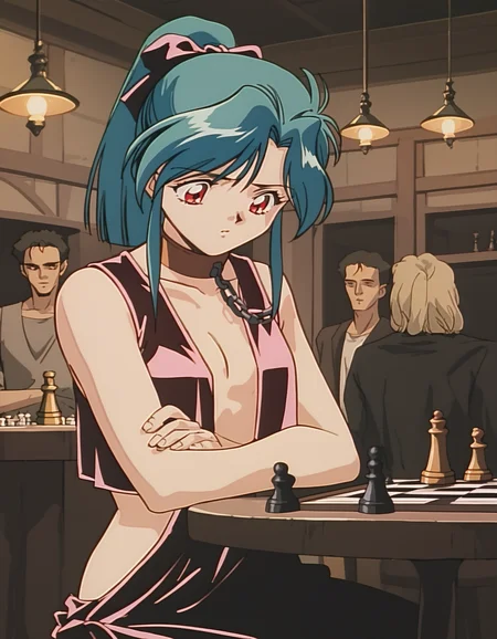 score_9,  score_8_up, score_7_up, source_anime,  1girl, solo, <lora:diana-minerva-ponyxl:0.9> mnkda, collar, chain, vest, ponytail, looking down, furrowed brow, chess piece, table, tavern