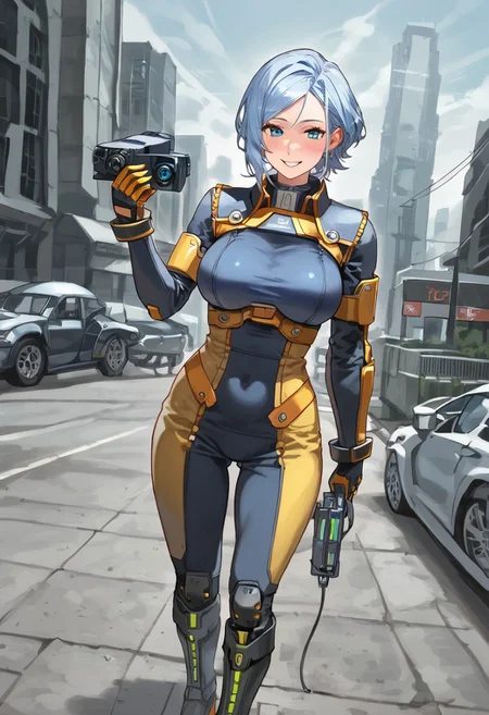 score_9,score_8_up,score_7_up,source_anime, 1girl, (((master piece:1.2))),(((best quality:1.2))),(((ultra detailed))),(((1girl))),(((intricate))),(((anime screencap))),(((very aesthetic:1.2))),((( Cité 17 background))),(((absudres:1.2))),(((embroidered))),(((scenery))),((extremely detailed CG)),(dynamic angle:1.4), woman in sci fi outfit standing on deserted street holding crowbar, 
BREAK,
half life (series), (ami mizuno reimagined as a scientist in hev suit from half life 2),breasts, 1girl, blue_hair, blue_eyes, (dynamic pose:1.4), Cité 17 background, smile, solo, looking_at_viewer, detailled_background, blue short_hair, blush, boots, gloves, standing, cowboy_shot, hev armor style, holding a crowbar, weapon, solo focus, holding, outdoors, covered navel, hev suit bodysuit
BREAK;
(intricate details:1.12), (intricate details, hyperdetailed:1.15), hdr, dystopian sci-fi city, (at day:1.2), cinematic, half life aesthetic, science aesthetic, ominous background, bimbo atmosphere, lustful atmosphere, gray and pastel theme, city background, ground vehicle, motor vehicle, car, building, electric cable, camera,