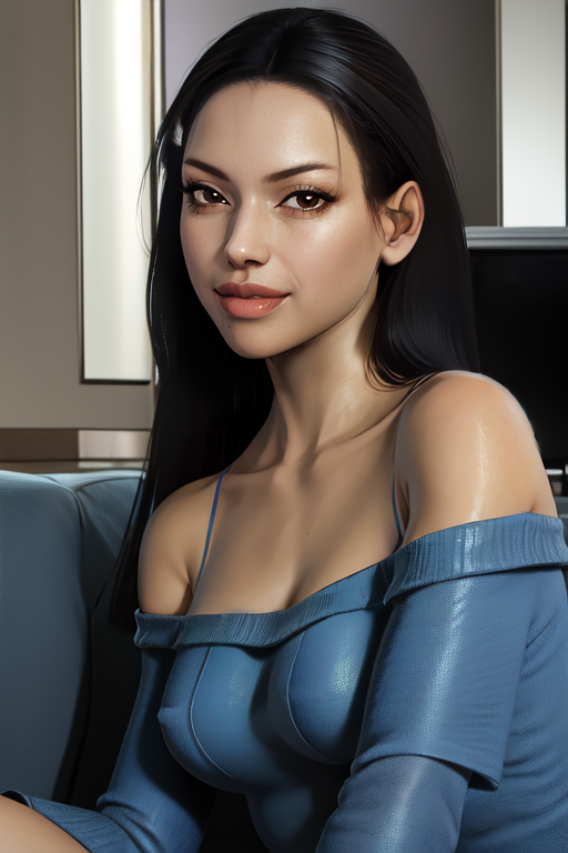 faye,  lips, black hair,  brown eyes,  long hair, 
sitting,  blue sweater,   off shoulder,  
 looking at viewer,   solo,  upper body,  collarbone, 
living room, blue couch,   futuristic,  light smile, 
 (insanely detailed, beautiful detailed face, masterpiece, best quality),
 <lora:faye:0.8>