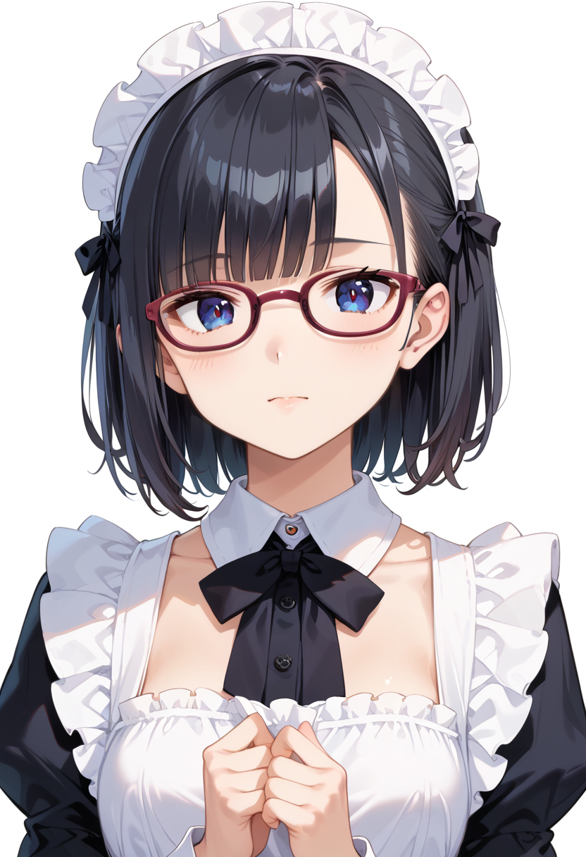 score_9, score_8_up, score_7_up, rating_safe, masterpiece, best quality, absurdres, unity 8k wallpaper, official art, official style, source_anime, uncensored, game cg, megami magazine,
1girl, solo, black hair, medium hair, upper body, covered eyes,maid, maid headdress, black dress, maid apron, face focus,
oval_cell, glasses, still life, white background, simple background, red-framed eyewear,
 <lora:glasses_OvalCell2_PONY_V1:1>