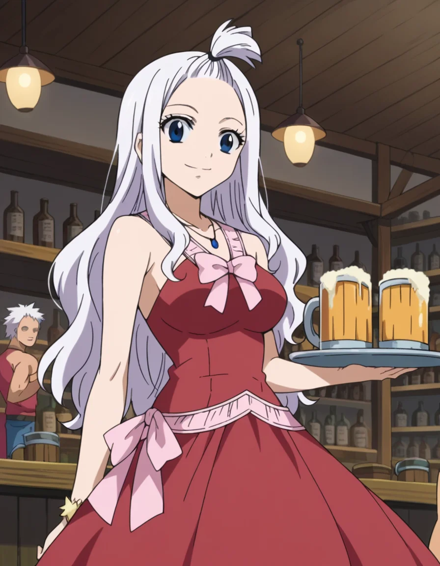 score_9, score_8_up, score_7_up, source_anime,
mirajanestrauss, <lora:mirajane-strauss-ponyxl-lora-nochekaiser:1>,
mirajane strauss, long hair, blue eyes, white hair, forehead, smile,
dress, bare shoulders, jewelry, necklace, red dress, ribbon, pink ribbon,
indoors, bar, tray, beer, mug,
looking at viewer, dutch angle, cowboy shot,