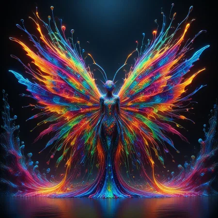 Colorful Chaos Cracks and Drops, professional photography of an fantastical fairy princess entirely made of cyberflies with whimsical elements, swirling magic, eerie fairytale landscape, elaborate fantasy style art, very colorful, intricate details, ultra sharp, exquisite detail, flawless composition, vivid colors, masterpiece, exciting background, TAS, TASvisuals, Psychedelic , Rave, Elaborate , Blacklight , Vibrant , cyberflies, black light paint, blp, Colorful Chaos Cracks and Drops, mad-glowtiedye, made out of,colorful,liquid,Murano Art Glass