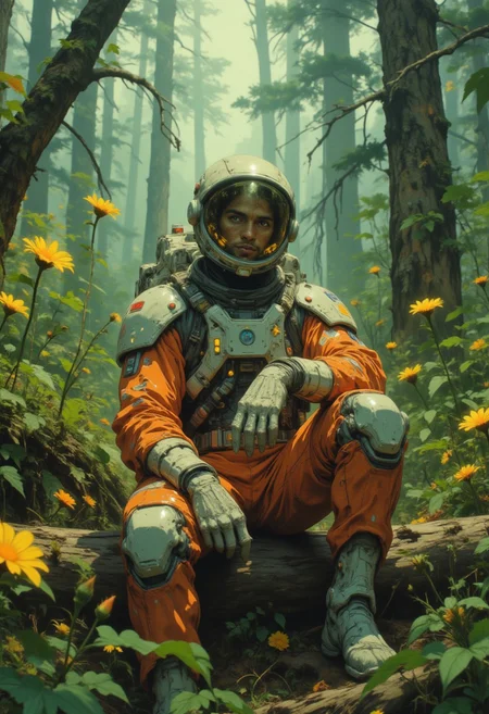 Astronaut in a futuristic orange and white spacesuit sitting on a log in a lush alien forest. The forest is filled with vibrant green plants and glowing yellow flowers, softly illuminated by diffused ambient light. The atmosphere feels peaceful, blending the advanced technology of the astronaut with the untouched beauty of nature. Background trees fade into a subtle mist, adding depth and mystery to the composition
