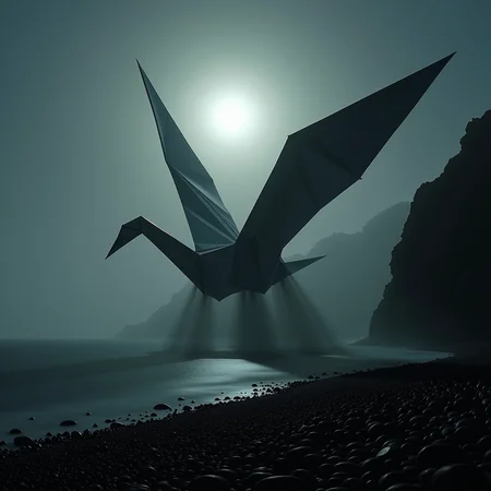 Chiaroscuro Lighting Style, LowKeyLights_v2, On a dim, ominous moonlit night, a gigantic origami crane looms over the nearshore waters of the Scottish Highlands. Partially covered in shadows and shrouded in swirling mist that rises eerily from the sea, the craneâs stealthy presence is unsettling, evoking a sense of unease and dread. The faint, dull glow of the moon casts a pale light, subtly outlining the sharp, angular lines of the paper crane, making it appear both ghostly and formidable. The mist wraps around the crane, obscuring parts of its form, as if the creature is emerging from or retreating into the darkness. The scene is heavy with an ominous atmosphere, where the stillness of the night and the hidden details within the fog amplify the terror of the unknown <lora:Chiaroscuro Lighting Style v1:1> <lora:low-key_lights_v2:0.2>
