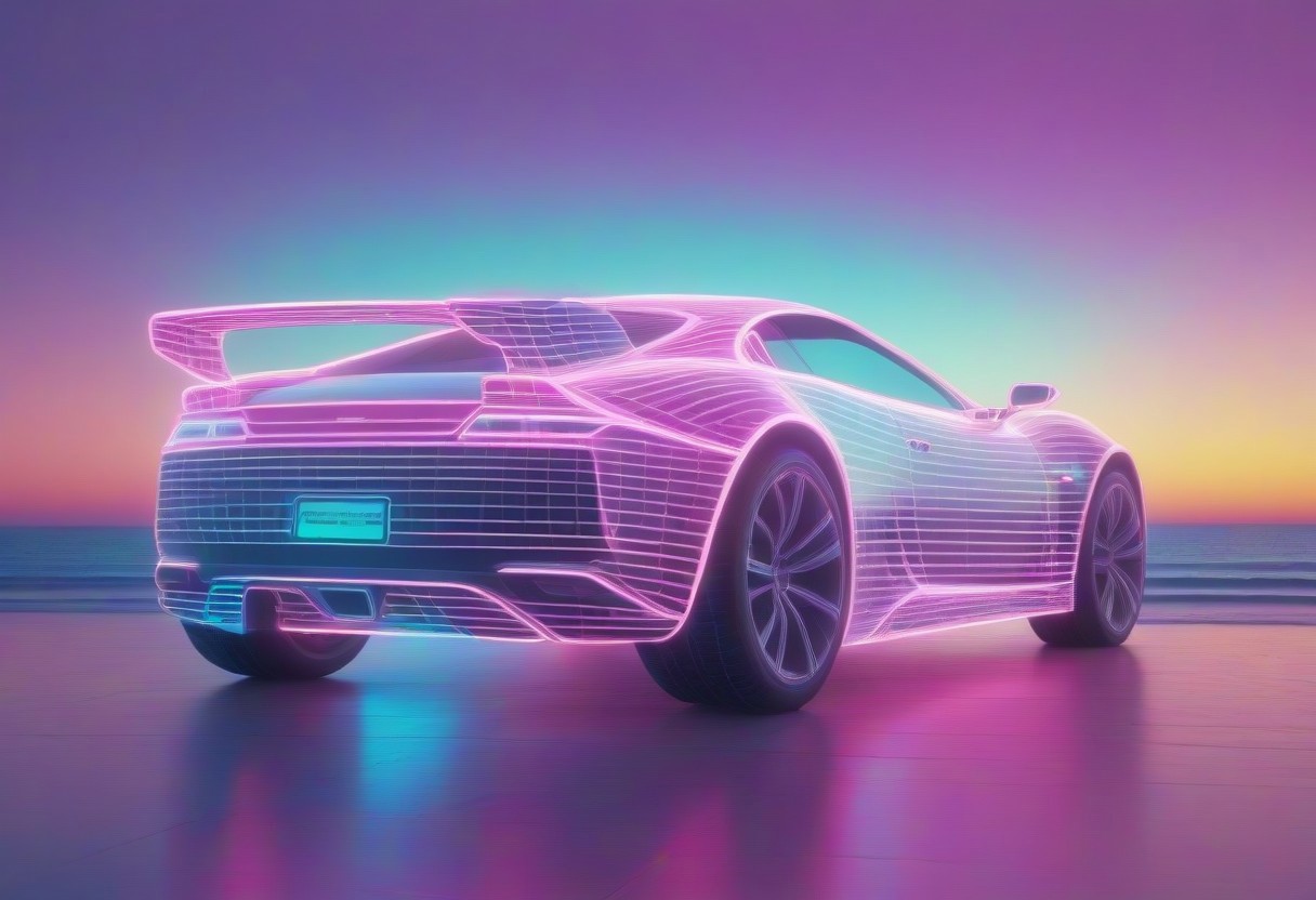 mad-vprwv  man in front of  a sportscar at the beach, sun at the neon  horizon, 1980, neon, grid, vaporwave <lora:Neon_Cyberpunk_Vaporwave_SDXL:0.8>, (masterpiece:1.2), best quality