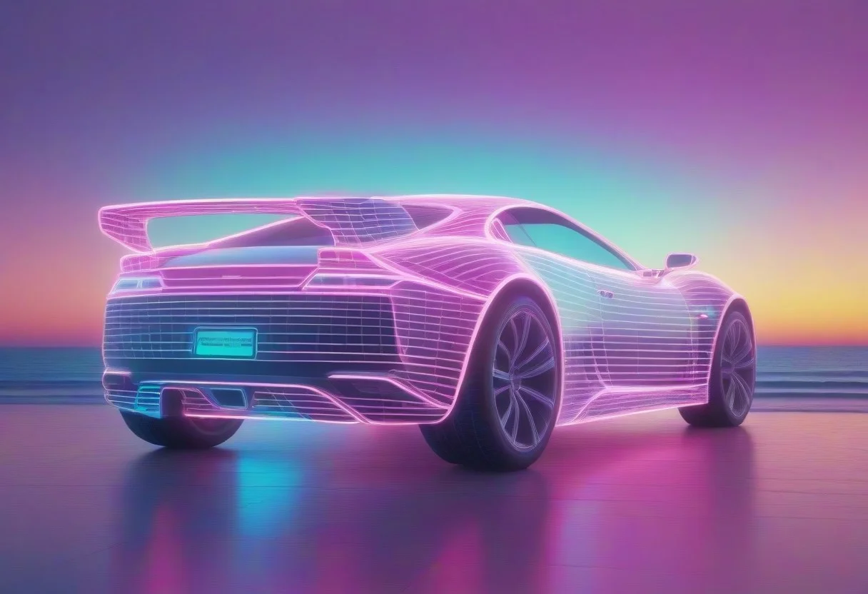 mad-vprwv man in front of a sportscar at the beach, sun at the neon horizon, 1980, neon, grid, vaporwave <lora:Neon_Cyberpunk_Vaporwave_SDXL:0.8>, (masterpiece:1.2), best quality