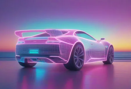 mad-vprwv  man in front of  a sportscar at the beach, sun at the neon  horizon, 1980, neon, grid, vaporwave <lora:Neon_Cyberpunk_Vaporwave_SDXL:0.8>, (masterpiece:1.2), best quality