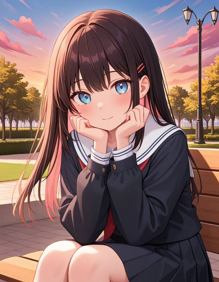 masterpiece, best quality, very aesthetic, absurdres, newest, general, 1girl, school uniform, park, twilight