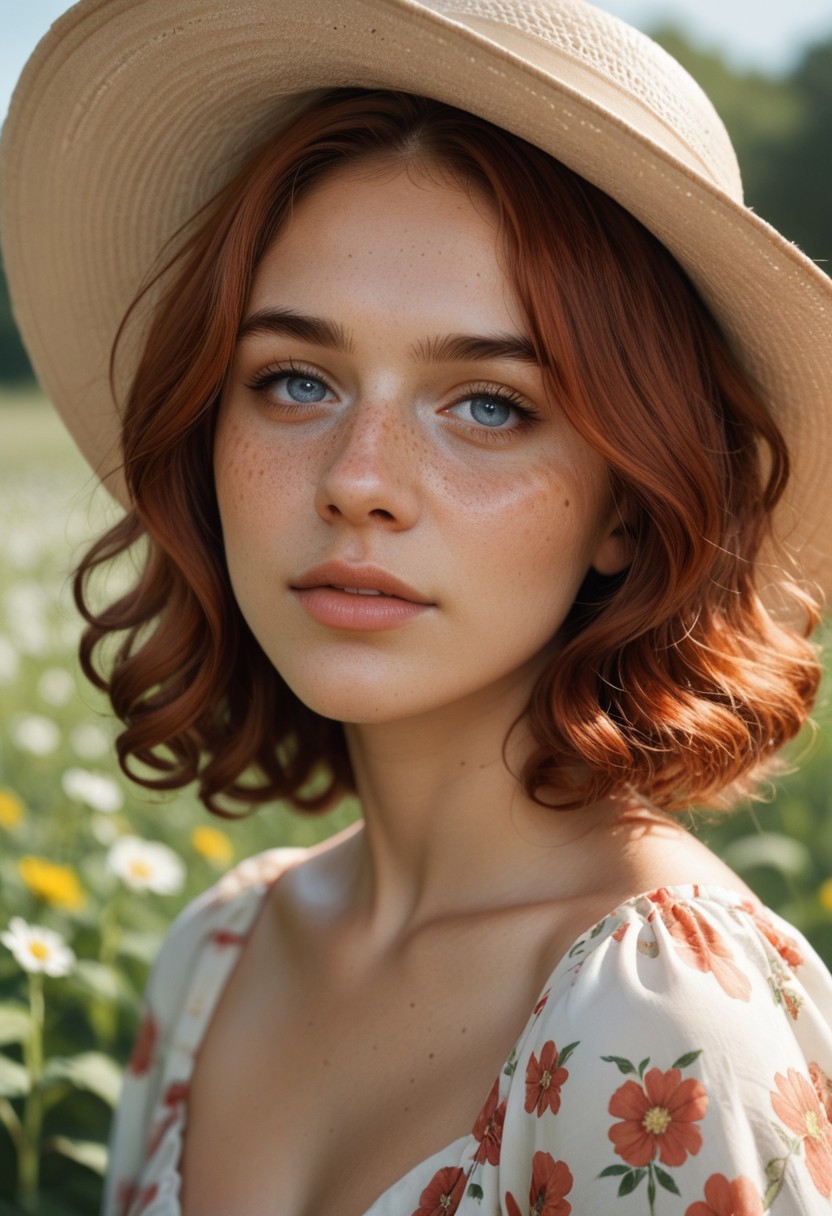 score_9, score_8_up, score_7_up, aesthetic, close-up, volumetric lighting, blushing, perfect eyes, female, best quality, high detailed, 
1 girl from Britain, petite redhead female 22 years, freckled face, curly hair, wearing a floral dress, standing in a meadow, wildflowers around, holding a sunhat, bright sunny weather