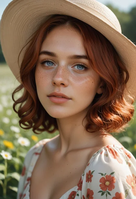 score_9, score_8_up, score_7_up, aesthetic, close-up, volumetric lighting, blushing, perfect eyes, female, best quality, high detailed,
1 girl from Britain, petite redhead female 22 years, freckled face, curly hair, wearing a floral dress, standing in a meadow, wildflowers around, holding a sunhat, bright sunny weather