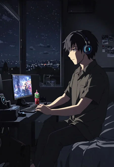 Highres, Masterpiece, High Quality, 4K, 8K, solo, 1Boy, Takaki Toono, adult, black hair, short hair, potarit, bed room, game room, comfortable, dark walls, RGB lights, quiet, window, night view, keyboard, pc, mouse, laptop, mattress, headset, speakers, stickers, soda drinks, snacks,, easynegative, detailed_eye_model
