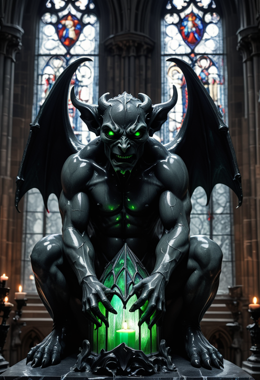 (medium full shot) of (petrifying obsidian black cracked stone gargoyle) with humanoid body , dark green eyes, twisted horns, claws, set in  a grand gothic cathedral, featuring stained glass windows, flickering candlelight, a mystical ambiance, during a storm, ,Masterpiece,best quality, raw photo, realistic, very aesthetic, dark